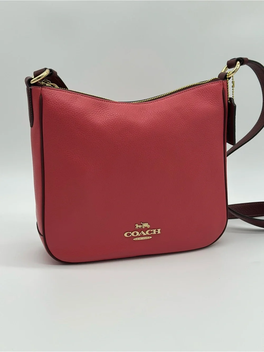 Coach Pebbled Leather Crossbody in Coral Red with Gold Hardware
